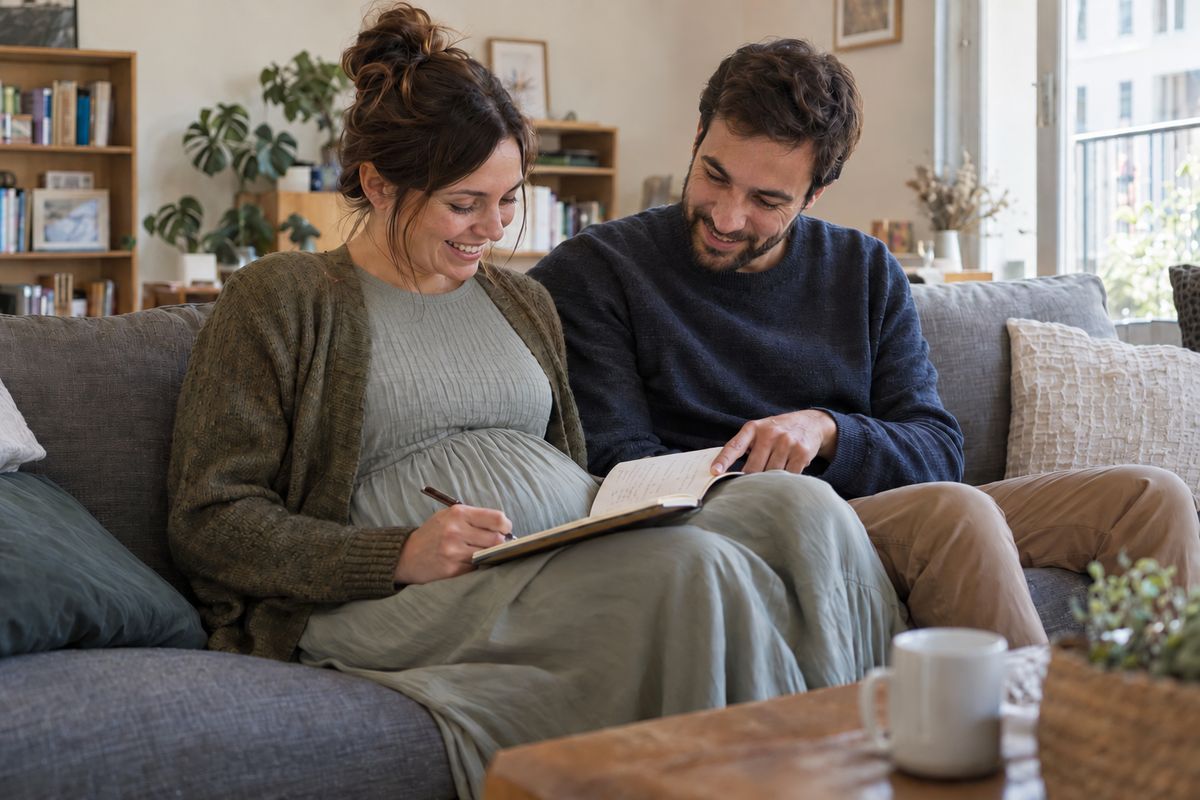 Couple qui attend un bébé et cherche un prénom dans un carnet sur le canapé