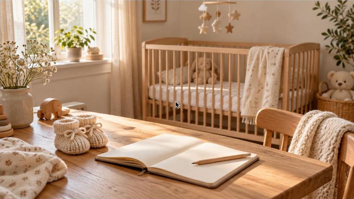 Choisir un prénom rare pour bébé : carnet, crayon et chaussons posés près d'un berceau