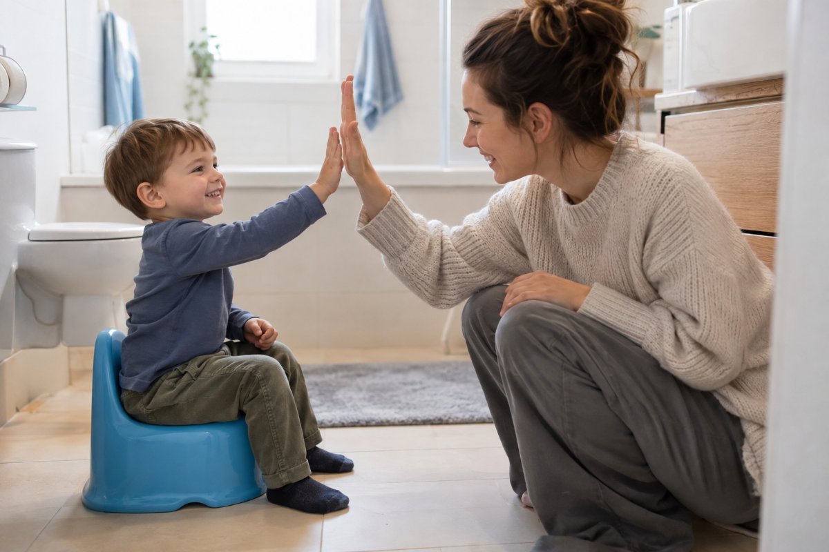 Maman qui encourage son enfant assis sur son pot, sans pression