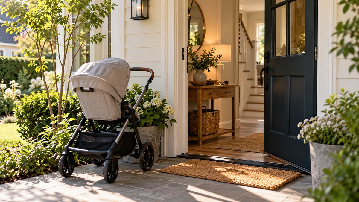 PTZ parentalité : maison familiale avec poussette devant la porte et clés posées sur un meuble