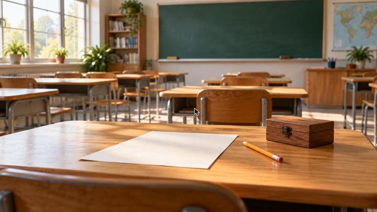 Questionnaire sur les violences à l'école : salle de classe vide avec une feuille blanche, un crayon et une petite boîte en bois sur un pupitre