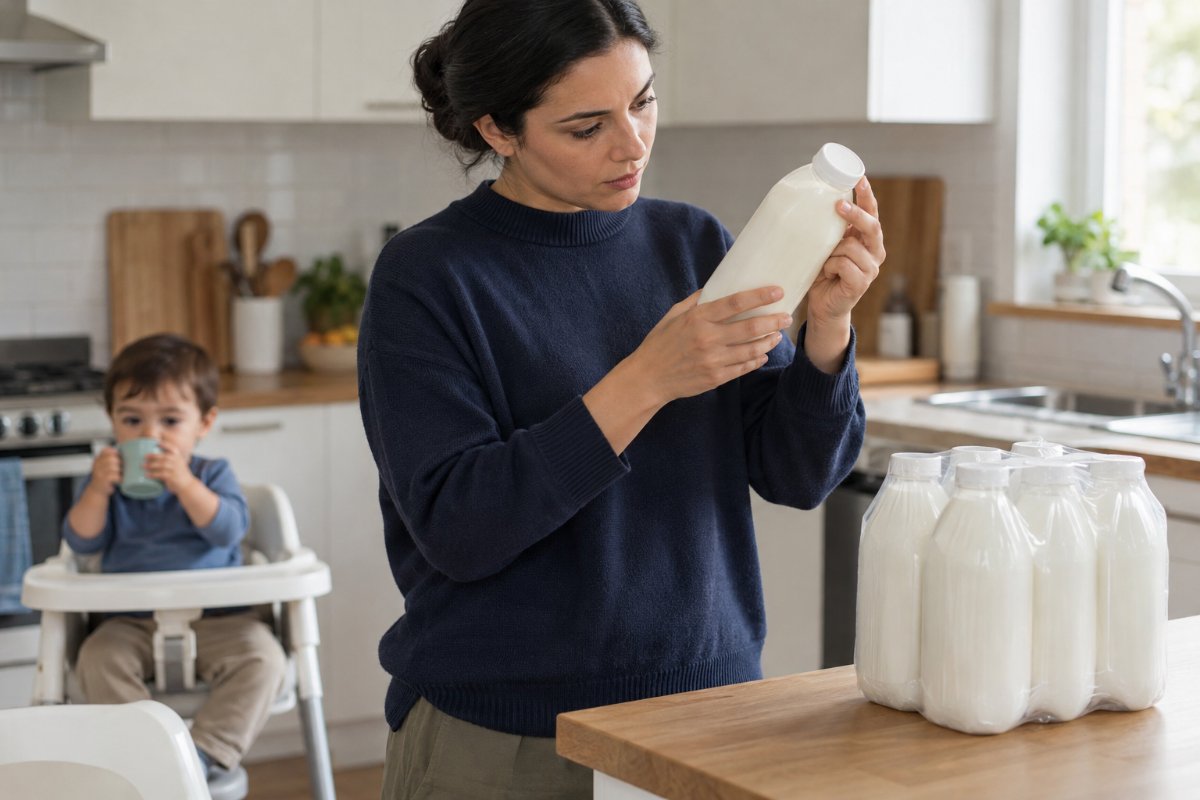 Maman qui vérifie le numéro de lot d'une bouteille de lait de croissance dans sa cuisine