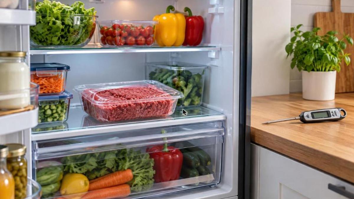 Rappel de viande hachée contaminée par E. coli : réfrigérateur ouvert avec une barquette de viande hachée crue et un thermomètre de cuisine