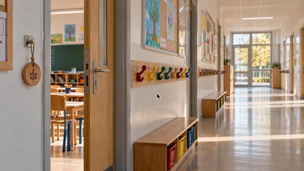 Toilettes à l'école : badge en bois accroché à côté de la porte d'une classe dans un couloir d'école vide