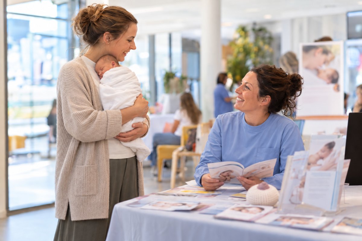 Jeune maman et son nouveau-né qui échangent avec une sage-femme pendant la Semaine de l'allaitement