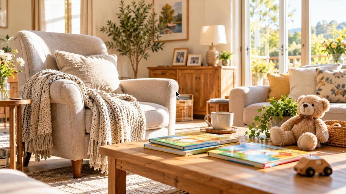 Salon lumineux de grands-parents : fauteuil, plaid, peluche et livres d'enfants