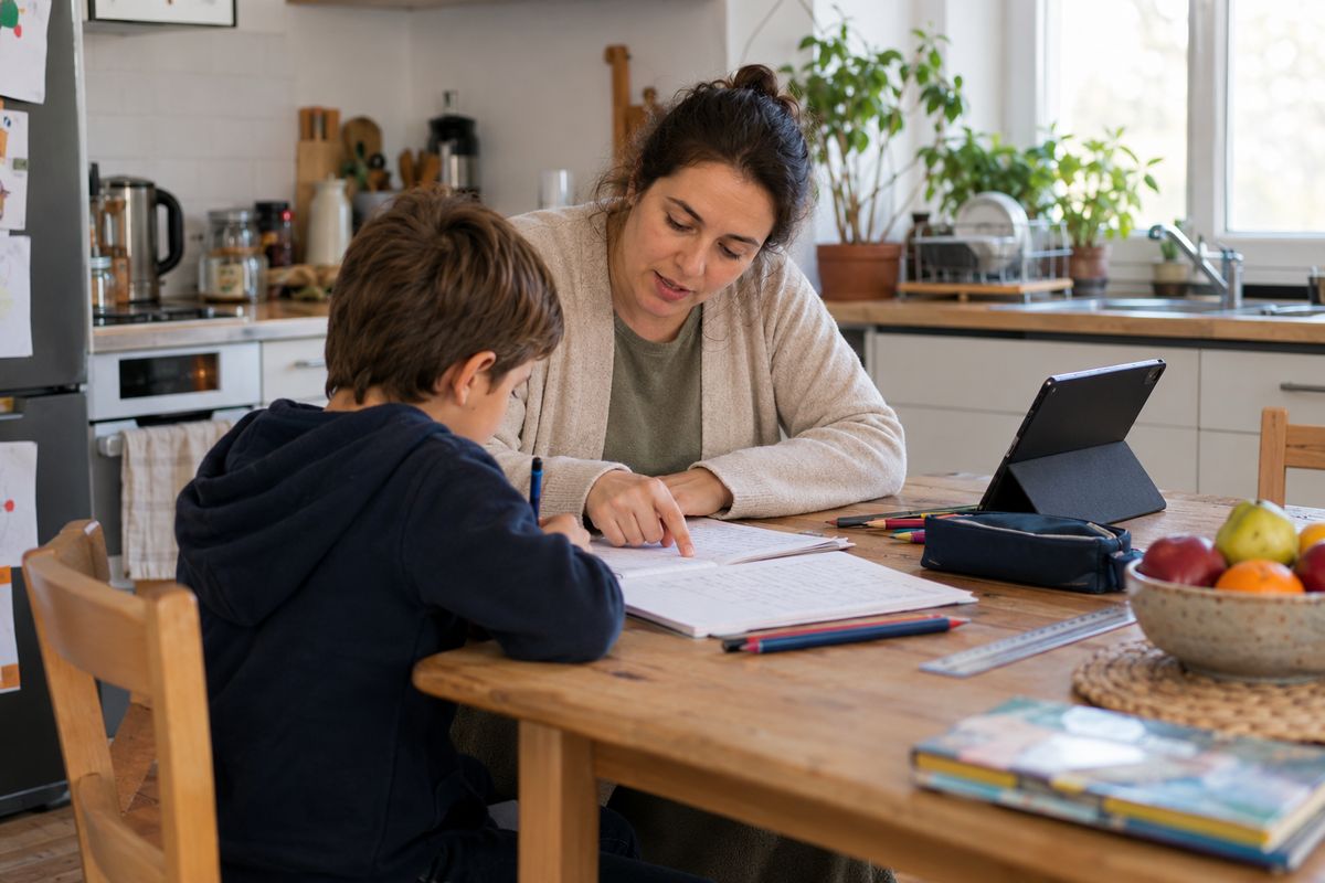 Maman qui aide son enfant dys à faire ses devoirs à la table de la cuisine