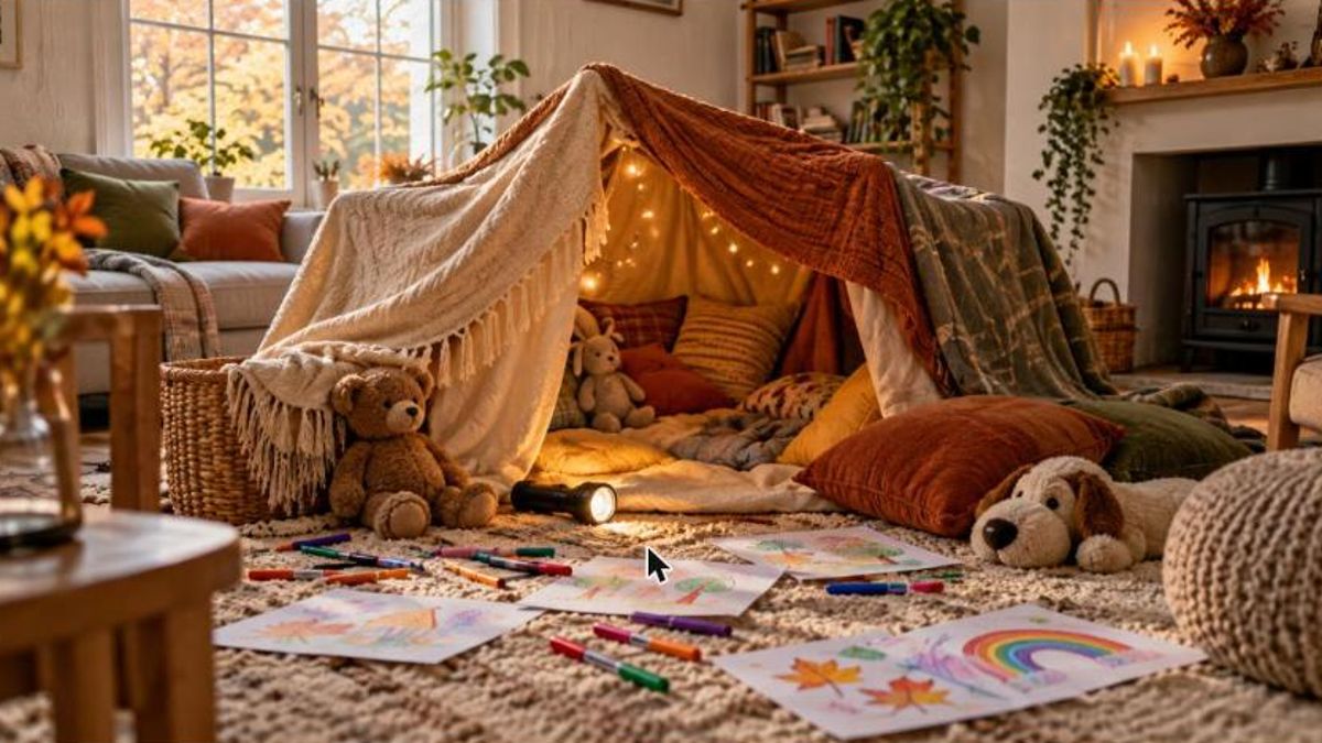 Idées gratuites pour occuper les enfants pendant les vacances : cabane de coussins et couvertures dans un salon avec lampe torche et dessins