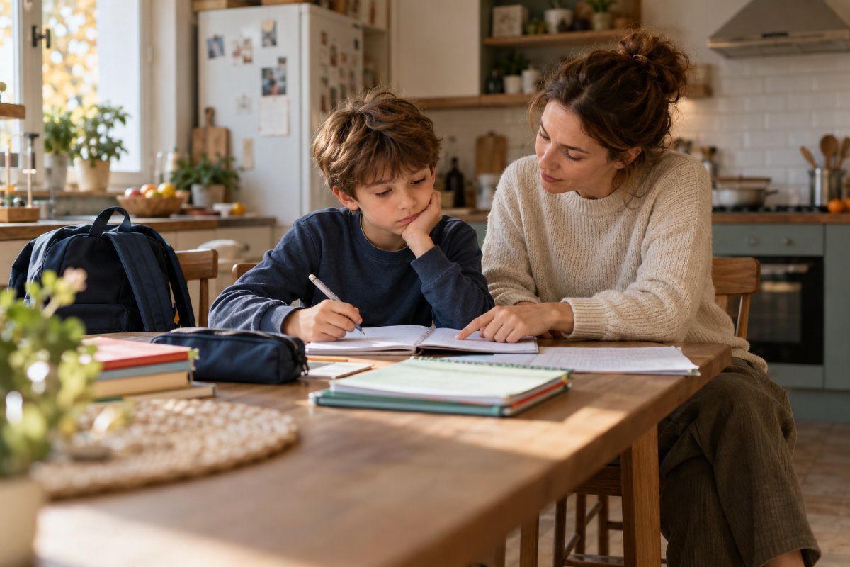 Enfant fatigué qui fait ses devoirs le soir avec sa maman, au cœur du débat sur les vacances scolaires et les journées d'école